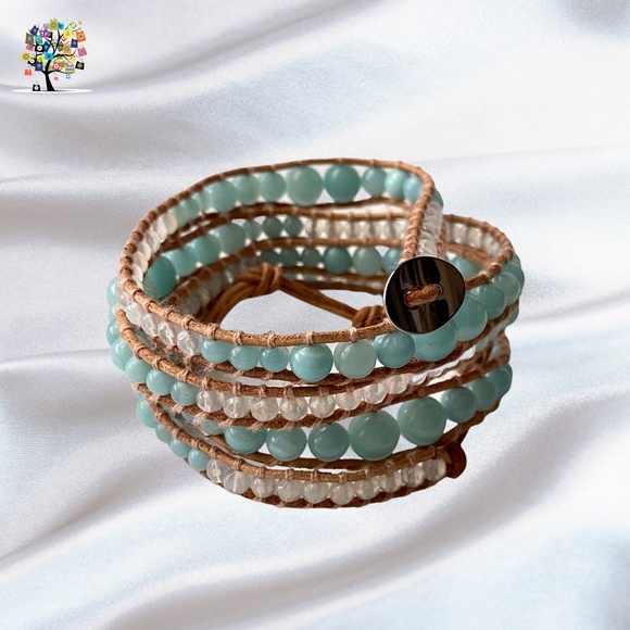 Wrap Bracelet Tan Leather with Amazonite Beads (simulated) - Picture 2 of 3